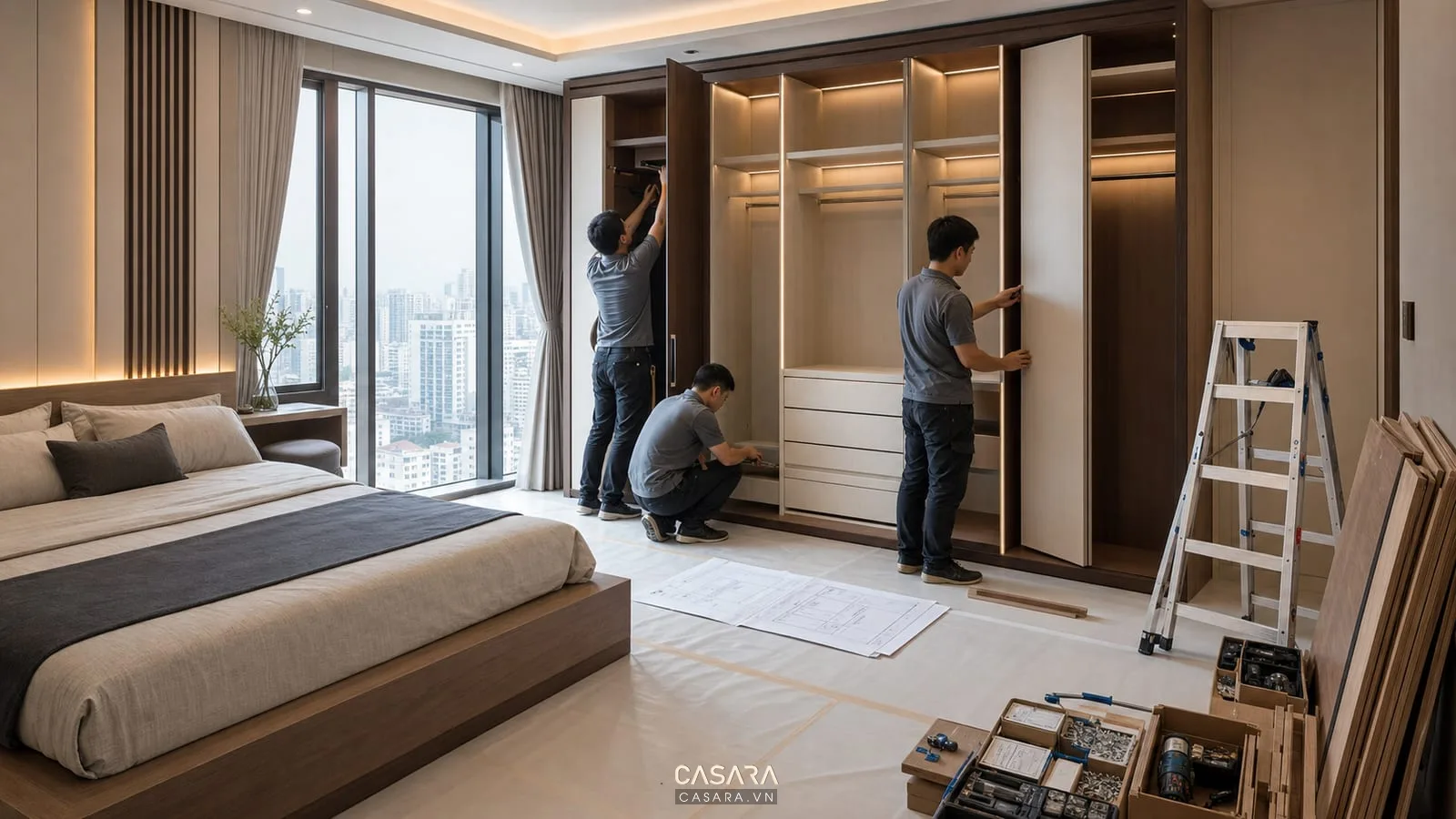 Đội thi công hoàn thiện chung cư TPHCM lắp tủ áo phòng ngủ, che phủ sàn và kiểm tra bản vẽ kỹ thuật