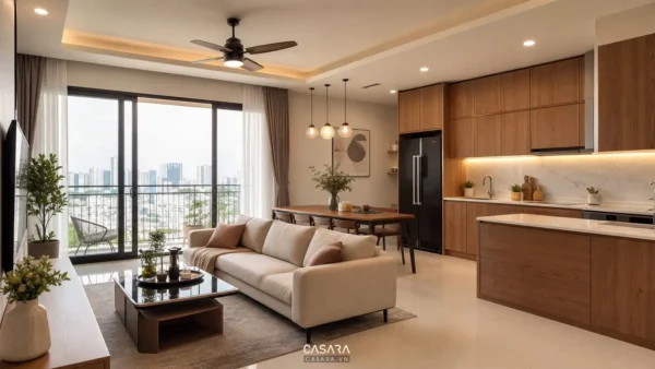 Phòng khách liền bếp trong căn hộ chung cư với sofa sáng màu, bàn ăn và tủ bếp gỗ