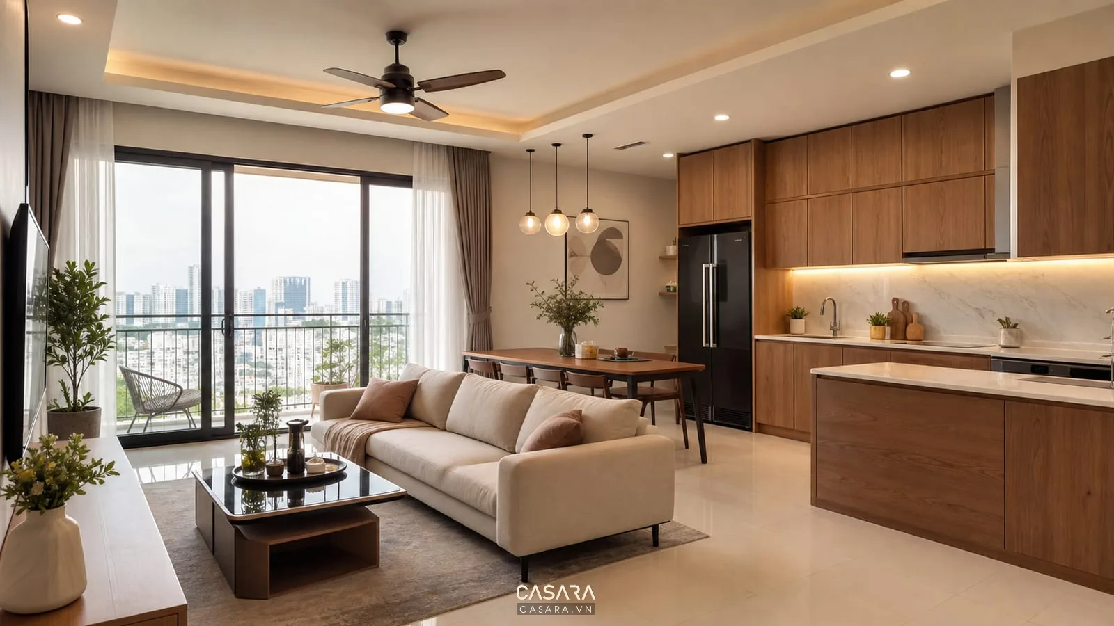 Căn hộ chung cư TPHCM hoàn thiện với phòng khách liền bếp, sofa, bàn ăn, tủ bếp gỗ và ánh sáng tự nhiên