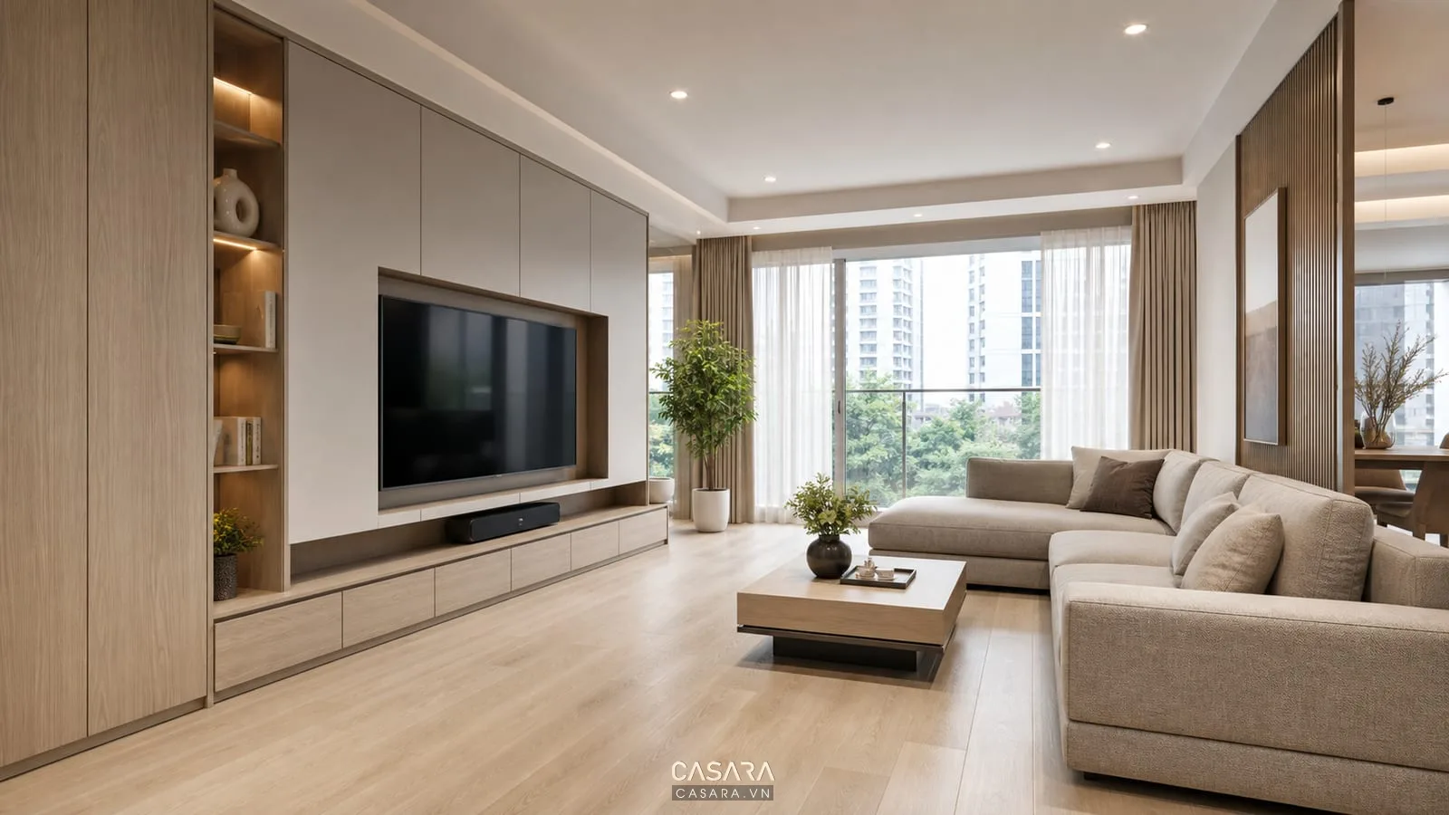 thi công nội thất phòng khách có tủ tivi lưu trữ, sofa và đèn âm trần