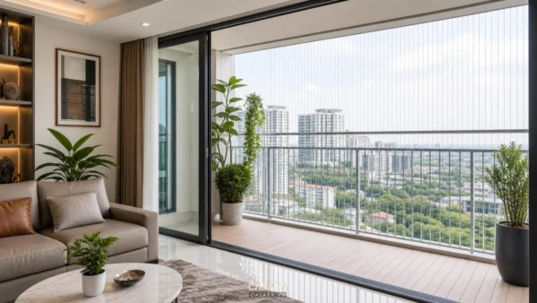 Phòng khách mở ra ban công chung cư có lưới an toàn và cây xanh