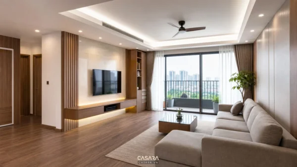 Phòng khách chung cư có kệ tivi, sofa dài, sàn gỗ và ban công rộng