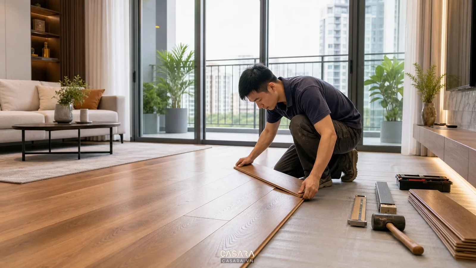 thi công sàn chung cư với sàn gỗ trong phòng khách căn hộ có cửa ban công