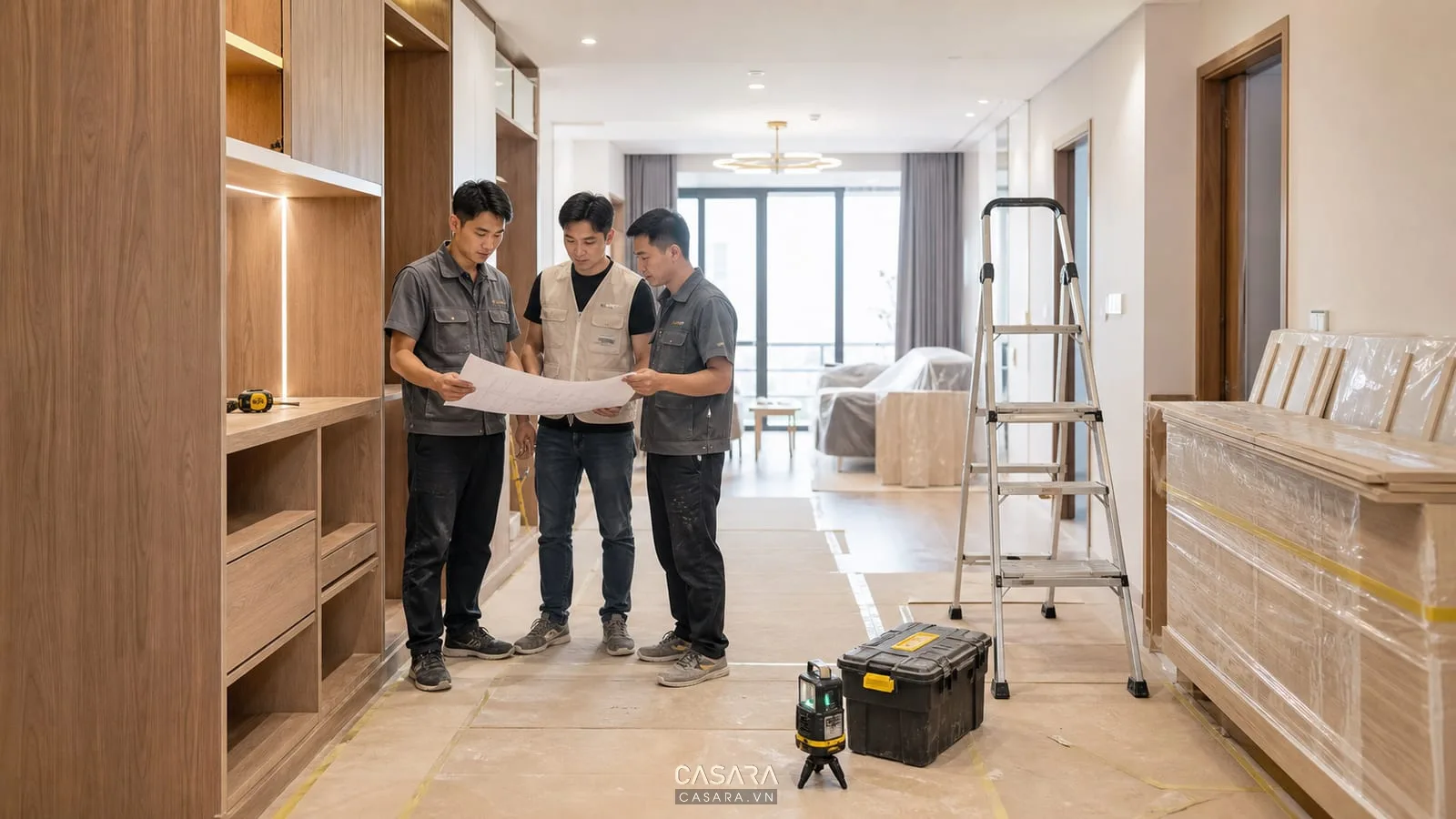 nhà thầu thi công chung cư kiểm tra bản vẽ và lắp đặt tủ gỗ trong căn hộ