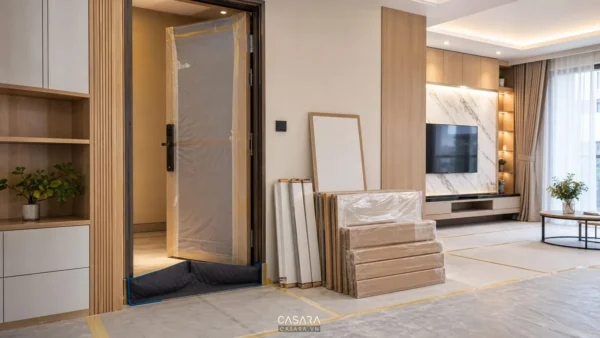Cửa căn hộ che phủ bảo vệ, sàn dán bạt và vật tư nội thất xếp gọn trong phòng khách
