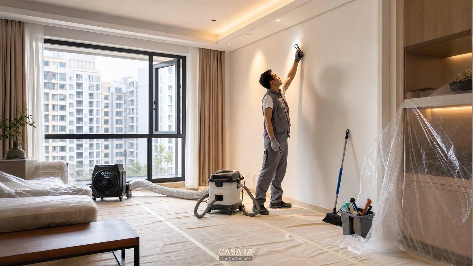 Thi công sửa chữa nhà chung cư với sàn phủ bảo vệ, cửa sổ mở và quạt hút bụi