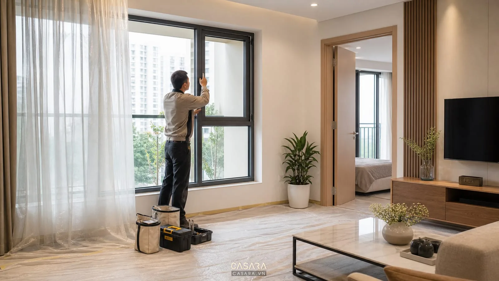 Thi công cửa sổ chung cư trong căn hộ có rèm che bụi, sàn phủ bạt và dụng cụ lắp đặt