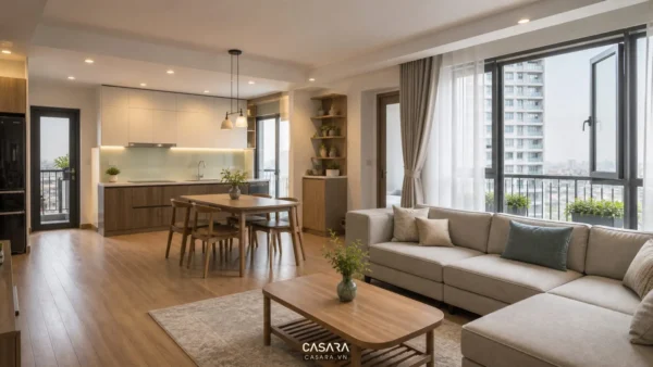 Phòng khách bếp chung cư hoàn thiện với sofa, bàn ăn, tủ bếp và cửa sổ lớn