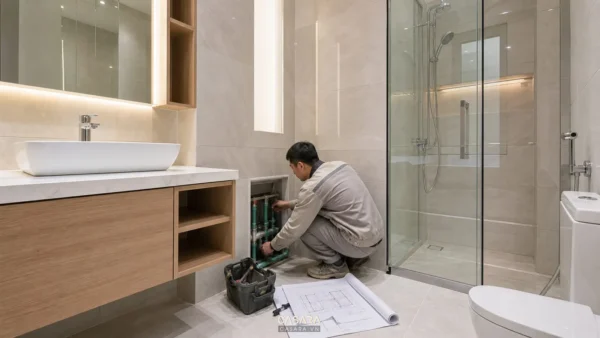 Thợ kỹ thuật lắp đặt đường nước trong nhà vệ sinh chung cư có lavabo và vách kính tắm