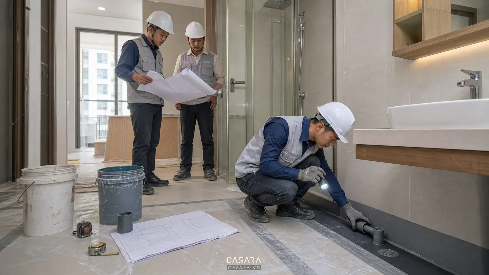 thi công nhà chung cư kiểm tra chống thấm nhà vệ sinh và thoát sàn