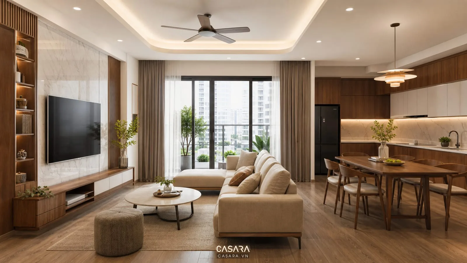 mẫu nội thất đẹp phòng khách liên thông bếp với tủ gỗ kịch trần và bàn ăn