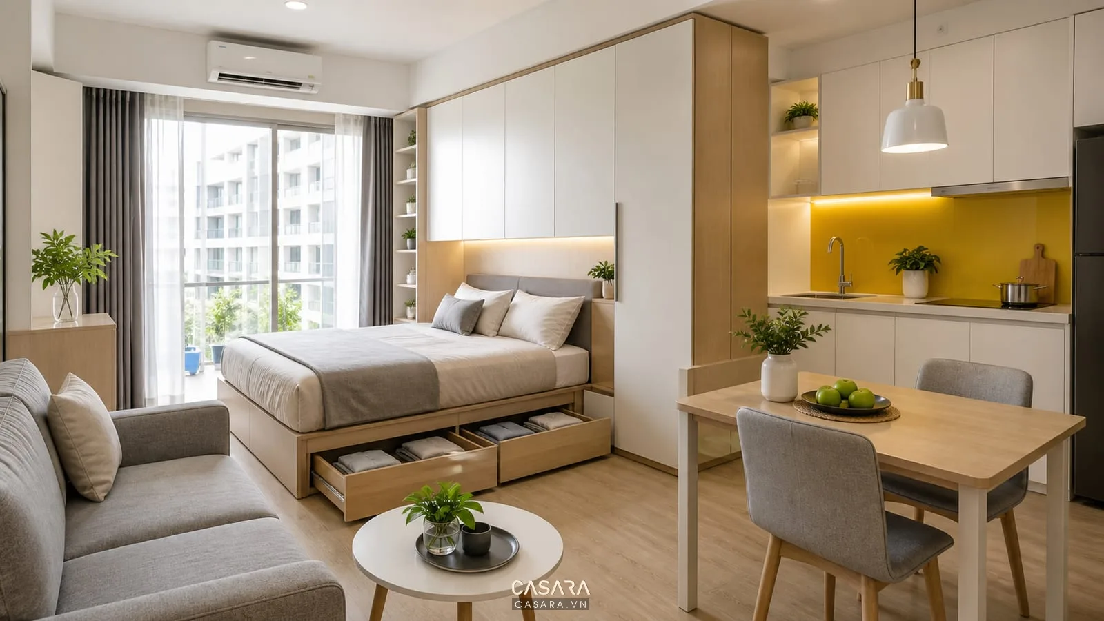 Thi công nội thất chung cư mini với giường hộc kéo, tủ âm tường, bàn ăn nhỏ và sofa gọn