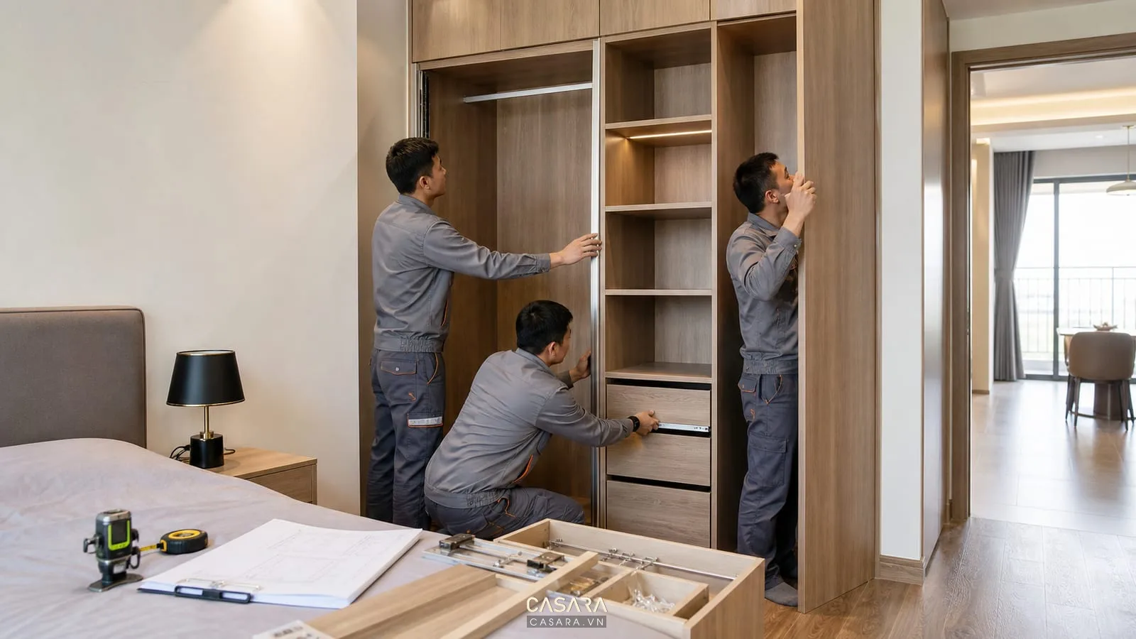 Thi công nội thất nhà hoàn thiện với thợ lắp đặt tủ gỗ công nghiệp và bản vẽ tại công trình