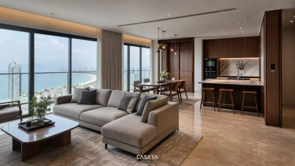 Phòng khách bếp mở với sofa chữ L, bàn ăn gỗ và cửa kính lớn nhìn ra biển