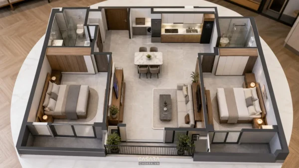 Mô hình mặt bằng căn hộ 70m2 với hai phòng ngủ, phòng khách, bếp và bàn ăn
