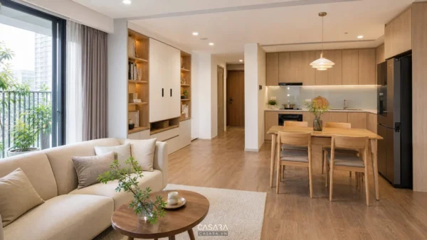 Phòng khách liền bếp trong căn hộ 70m2 với sofa sáng màu, bàn ăn gỗ và tủ bếp gỗ sáng
