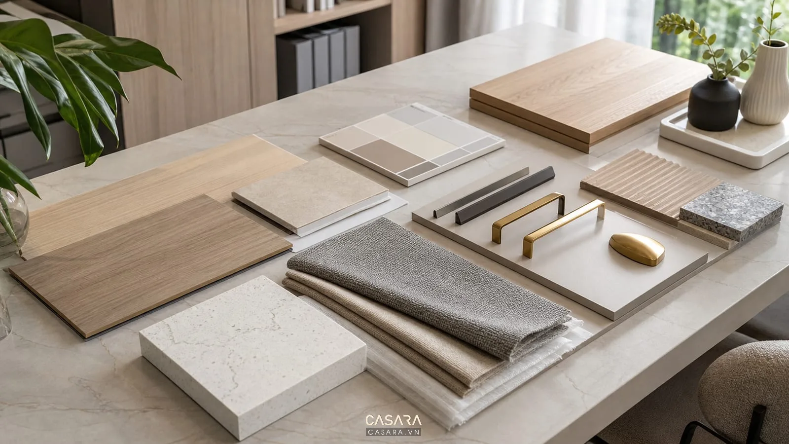 Mẫu vật liệu gỗ đá và vải rèm cho thi công nội thất chung cư 70m2