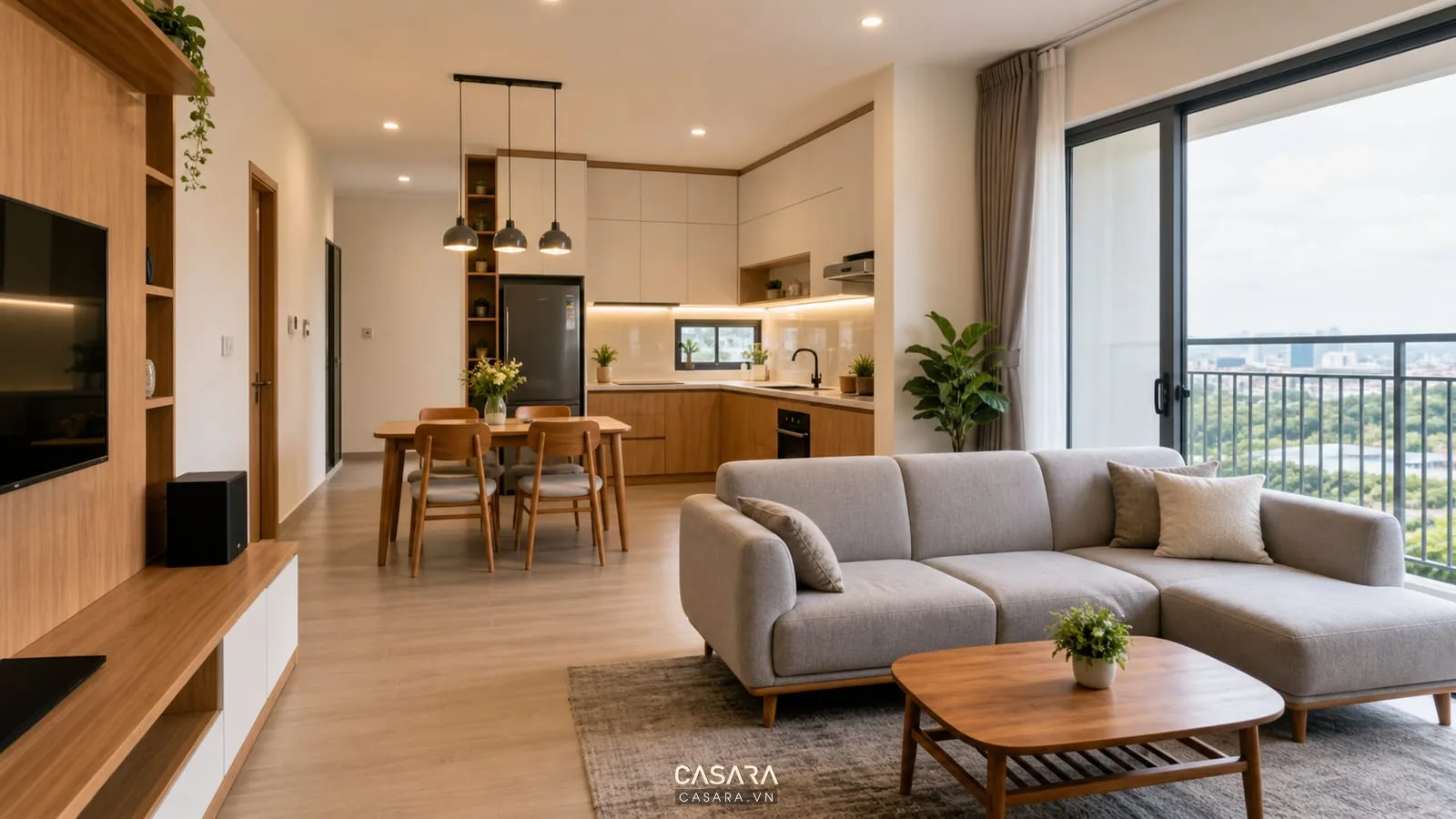 Thi công nội thất căn hộ chung cư với phòng khách bếp hiện đại và tủ bếp chữ L