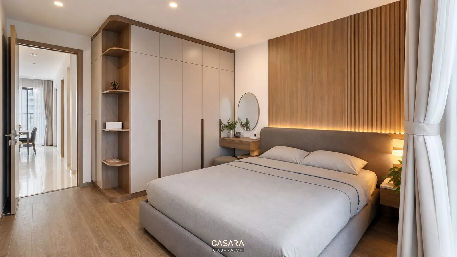Phòng ngủ căn hộ chung cư Bình Dương có giường đôi và tủ áo kịch trần