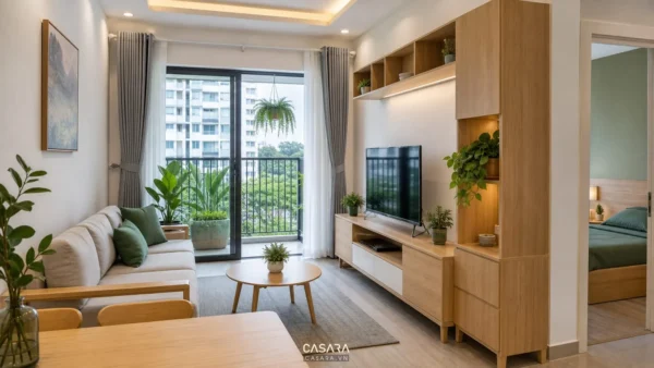 thi công nội thất chung cư giá rẻ cho phòng khách hiện đại gỗ sáng màu