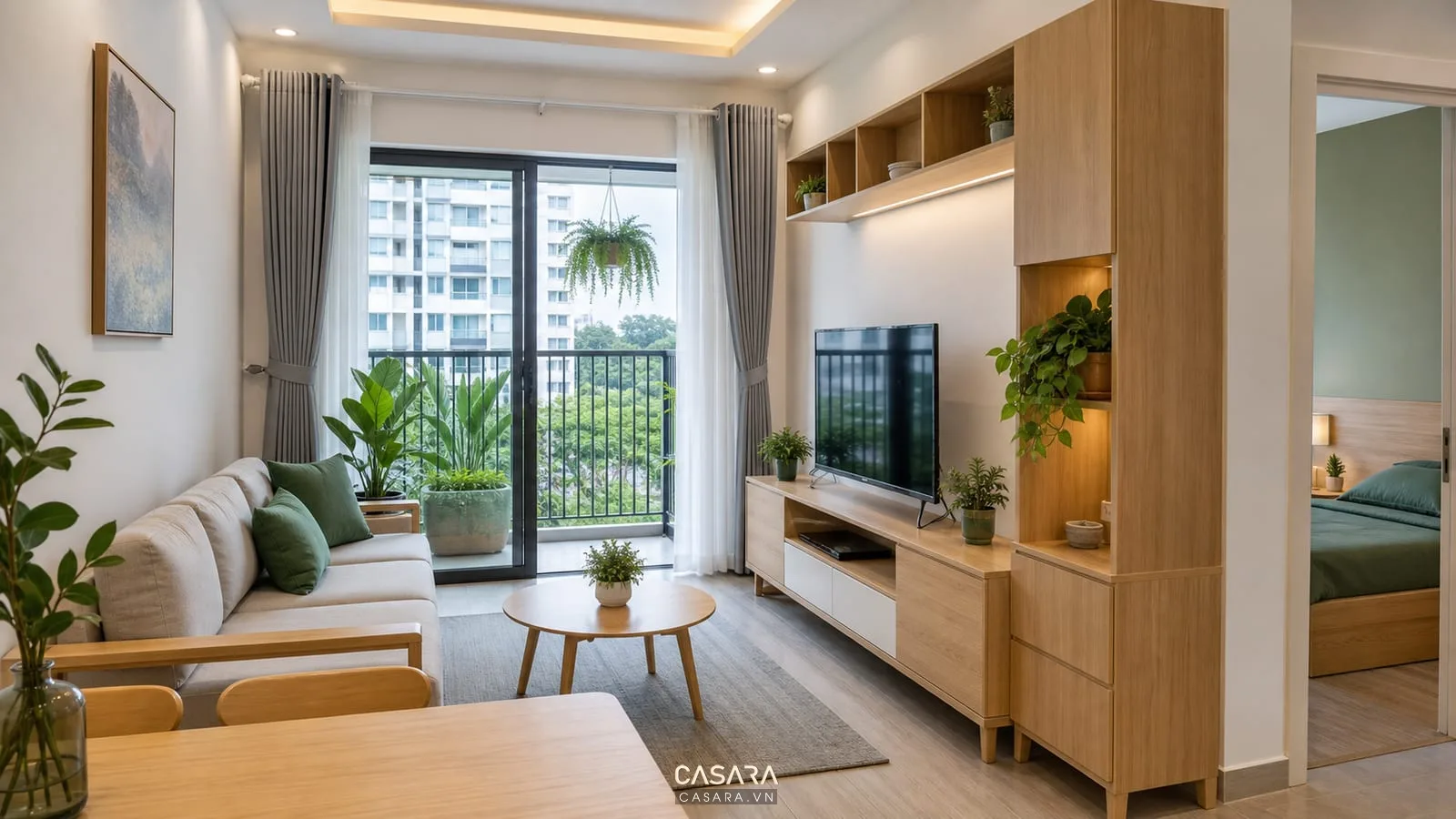 thi công nội thất chung cư giá rẻ cho phòng khách hiện đại gỗ sáng màu