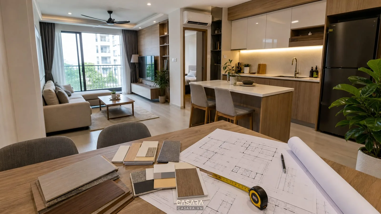 bố trí mặt bằng căn hộ chung cư phòng khách bếp liên thông trước khi thi công nội thất