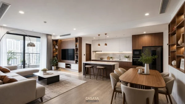 Phòng khách liền bếp với sofa, bàn ăn và hệ tủ gỗ trong căn hộ chung cư