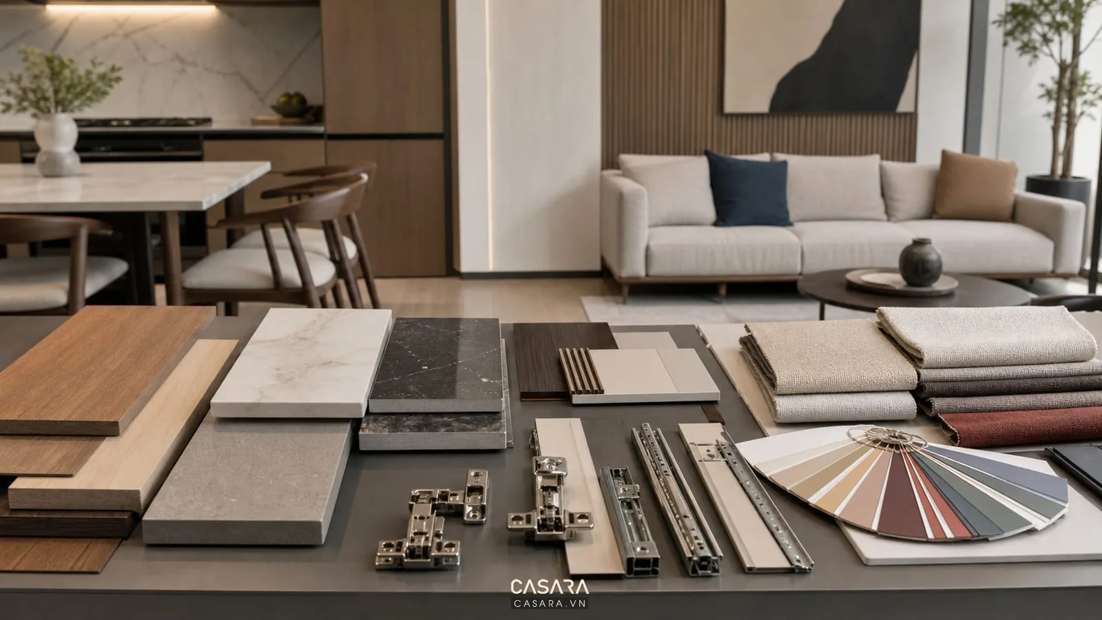 Vật liệu thi công nội thất chung cư Hà Nội với gỗ đá phụ kiện và vải sofa