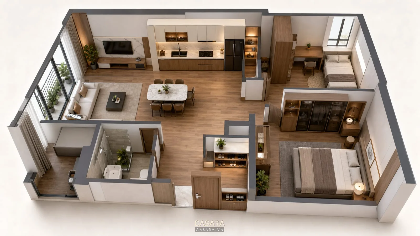 Thi công nội thất chung cư 70m2 với mặt bằng phòng khách bếp và hai phòng ngủ