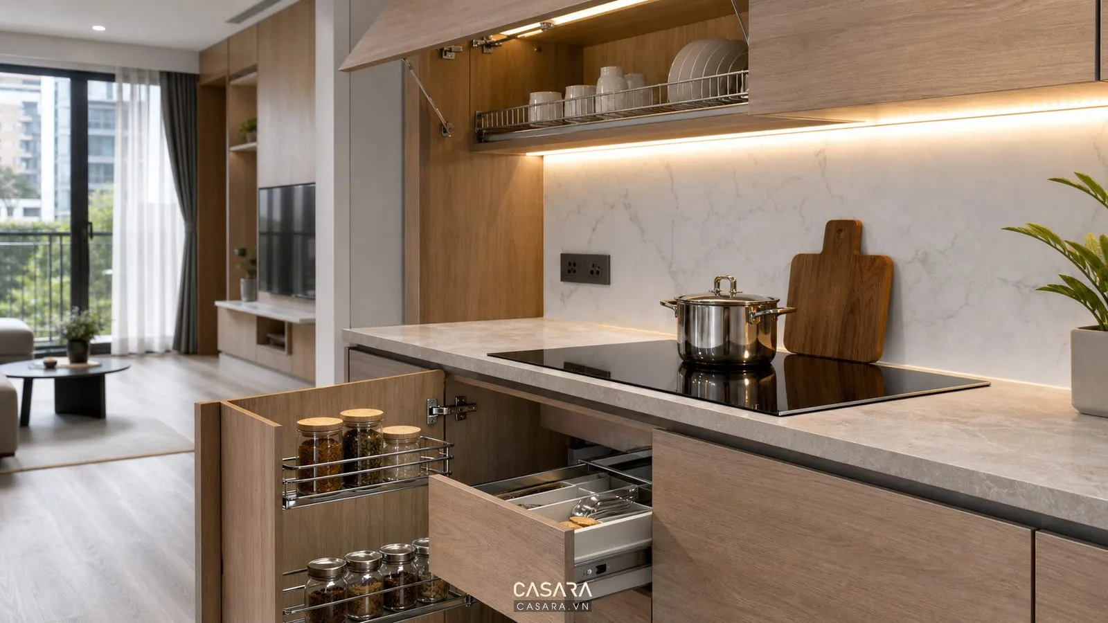 Phụ kiện thi công nội thất chung cư Hà Nội với ray bản lề đèn tủ và ổ cắm