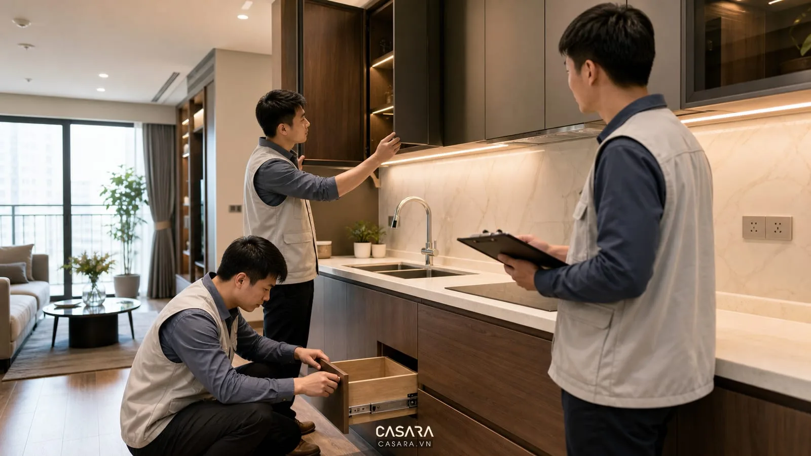 Nghiệm thu thi công nội thất chung cư Hà Nội với tủ bếp ray kéo đèn và ổ cắm