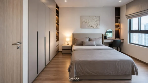 Phòng ngủ chung cư có giường đôi, tủ quần áo lớn và bàn trang điểm cạnh cửa sổ