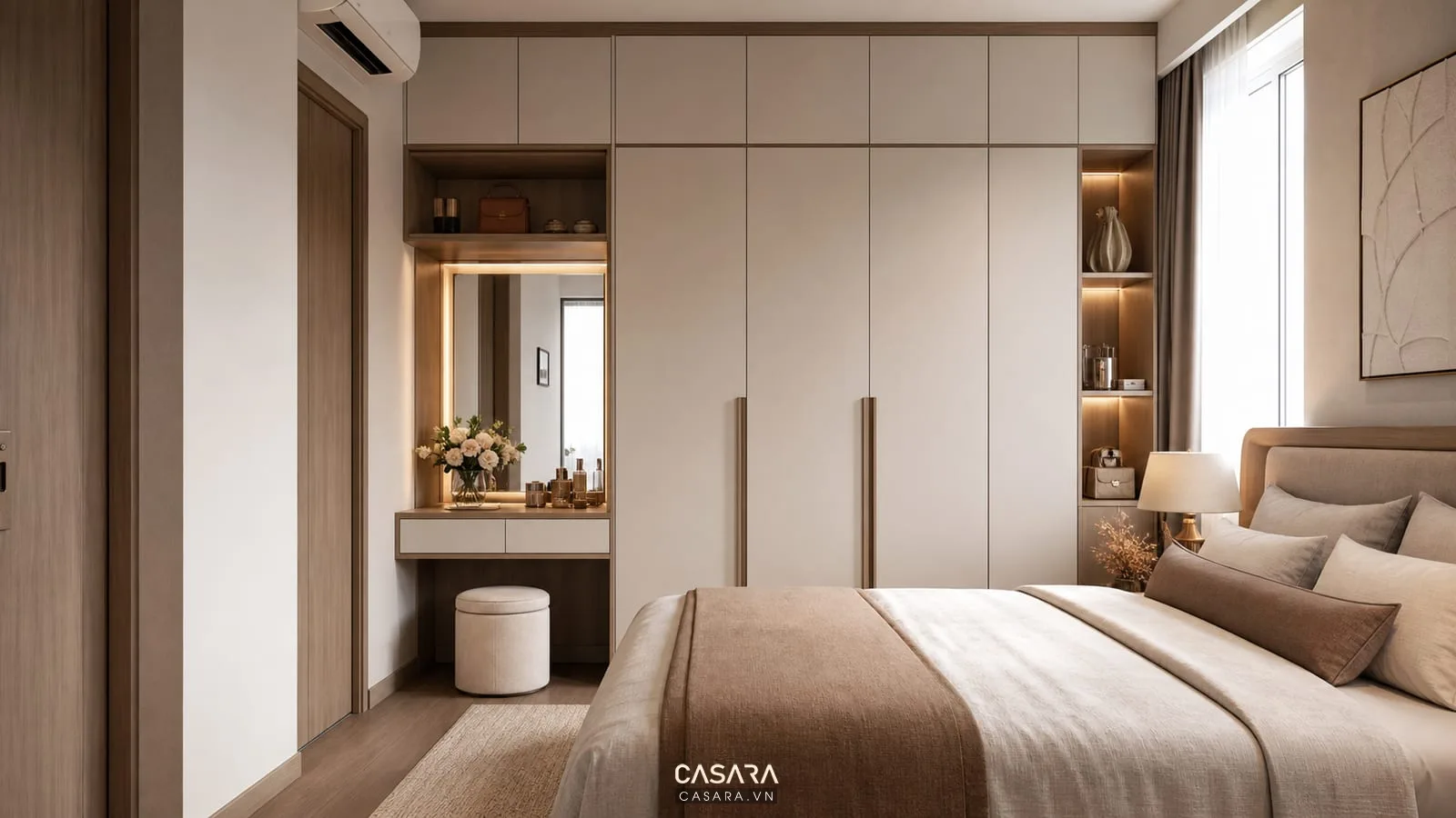 hệ tủ áo và bàn trang điểm trong phòng ngủ chung cư hiện đại