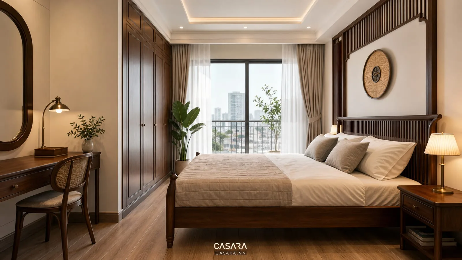 phòng ngủ chung cư indochine có giường gỗ và tủ áo tinh gọn