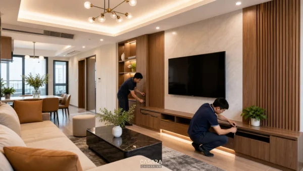 Hai thợ đang lắp đặt kệ tivi gỗ trong phòng khách chung cư hiện đại