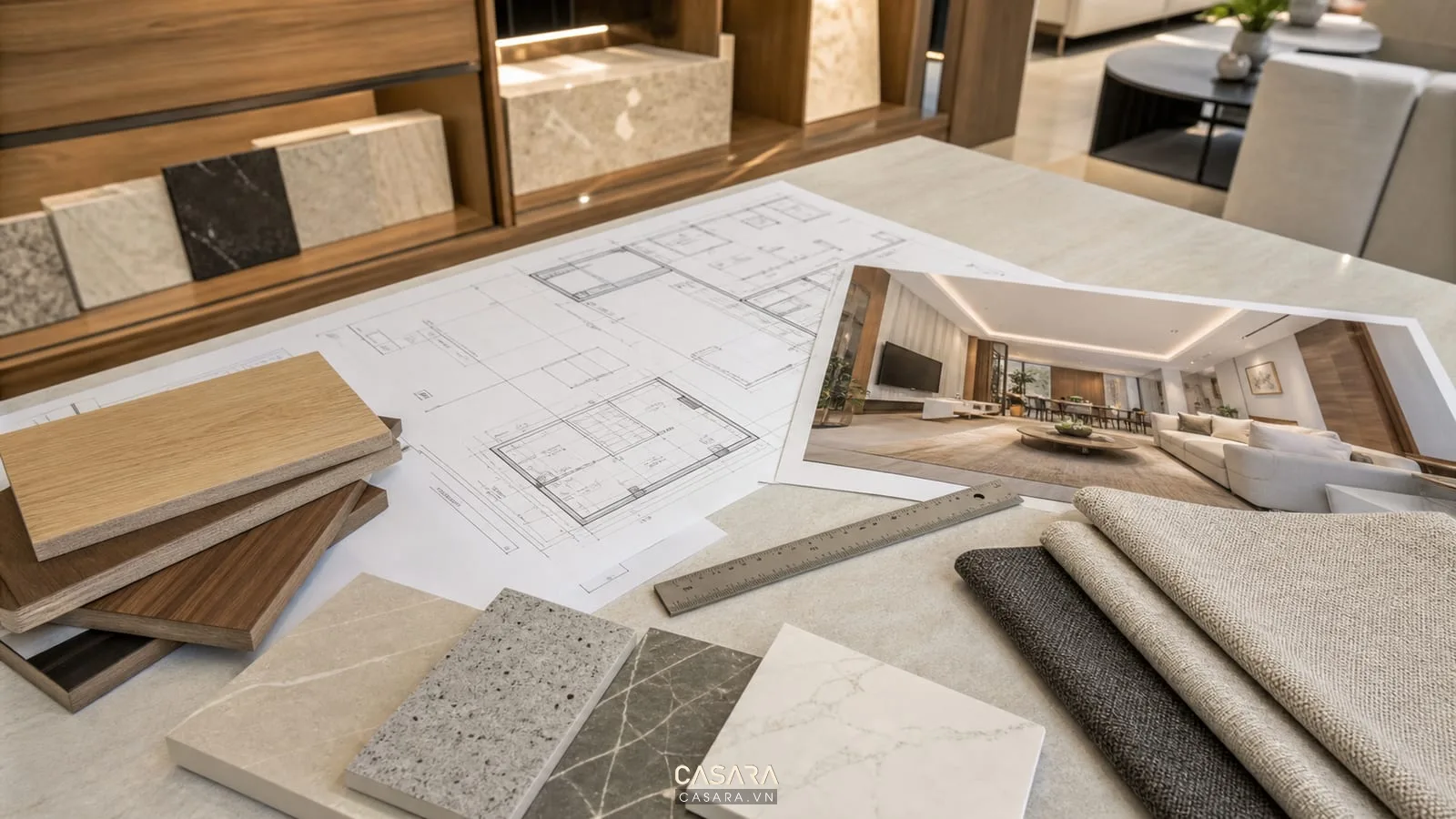 Bản vẽ kỹ thuật thi công nội thất chung cư với mẫu vật liệu gỗ và vải