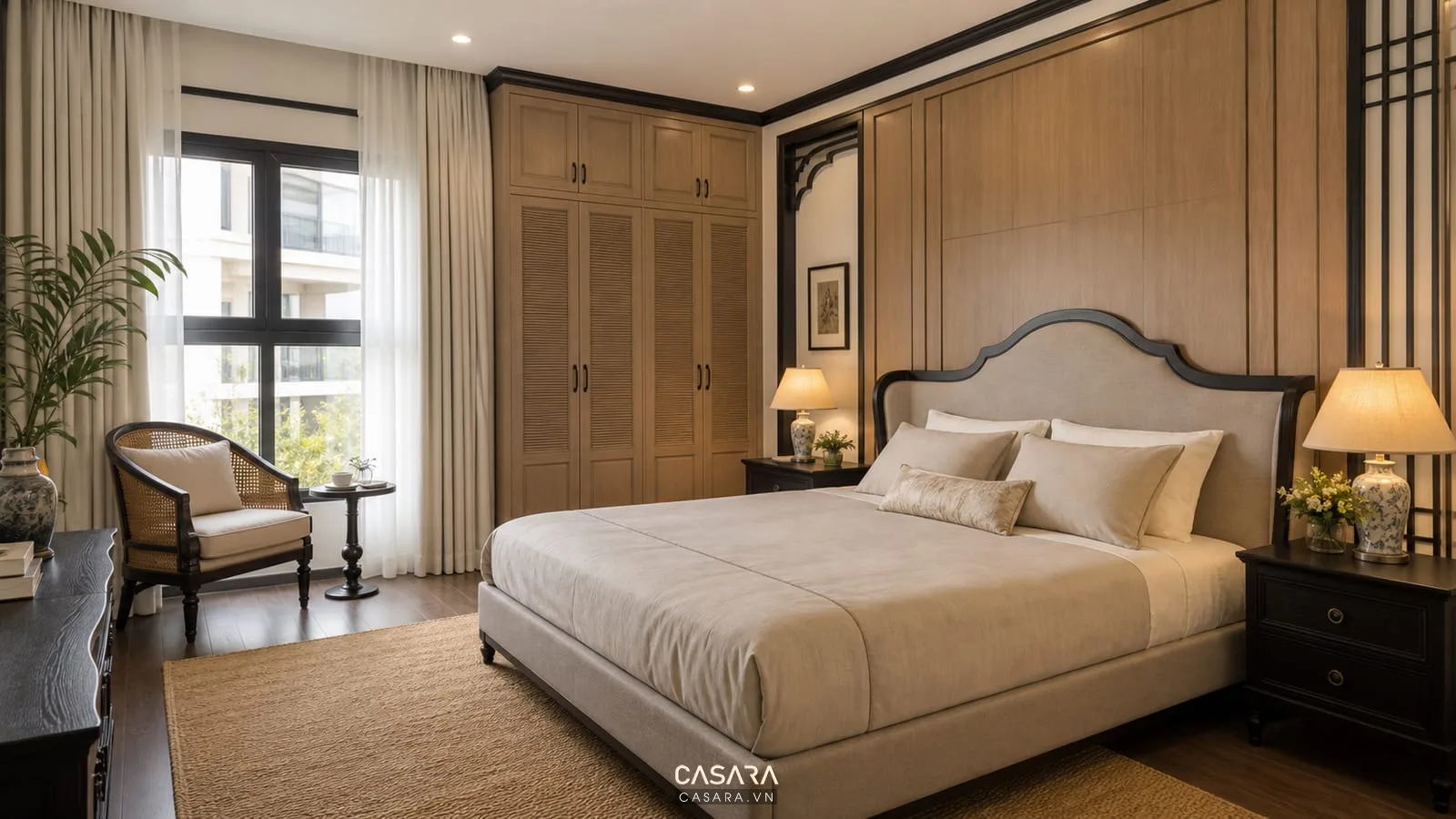 phòng ngủ thi công nội thất chung cư indochine với giường bọc vải tủ áo kịch trần và đèn ngủ