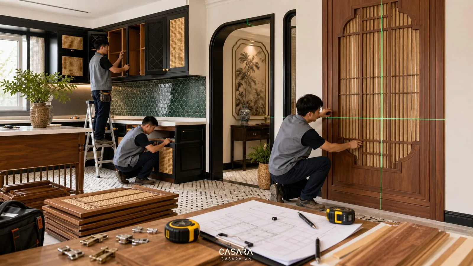 đội thi công nội thất chung cư indochine lắp tủ bếp vách gỗ với bản vẽ kỹ thuật và nan mây