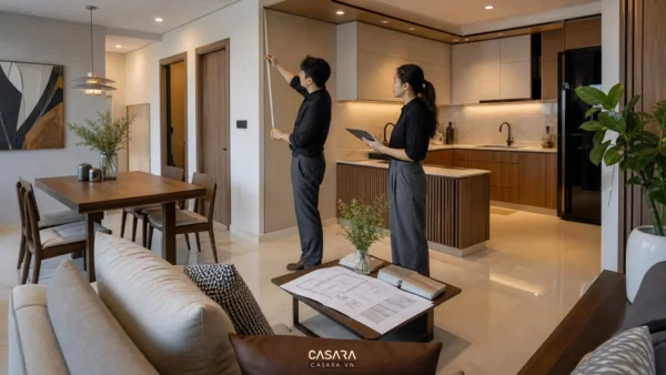 Hai nhân viên đo đạc trong căn hộ có phòng khách và bếp liền kề