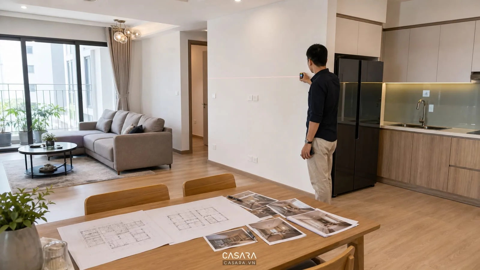 Đo đạc hiện trạng thi công nội thất chung cư Minh Gia với bản vẽ sofa bàn ăn tủ lạnh và ổ cắm