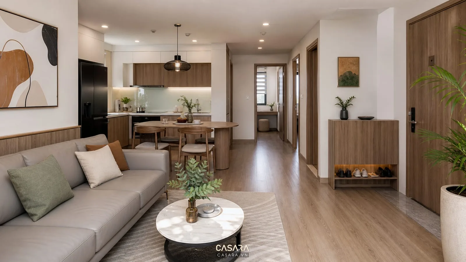 Thi công nội thất chung cư 70m2 với phòng khách bếp sofa bàn ăn tủ giày hai phòng ngủ và lối đi thoáng