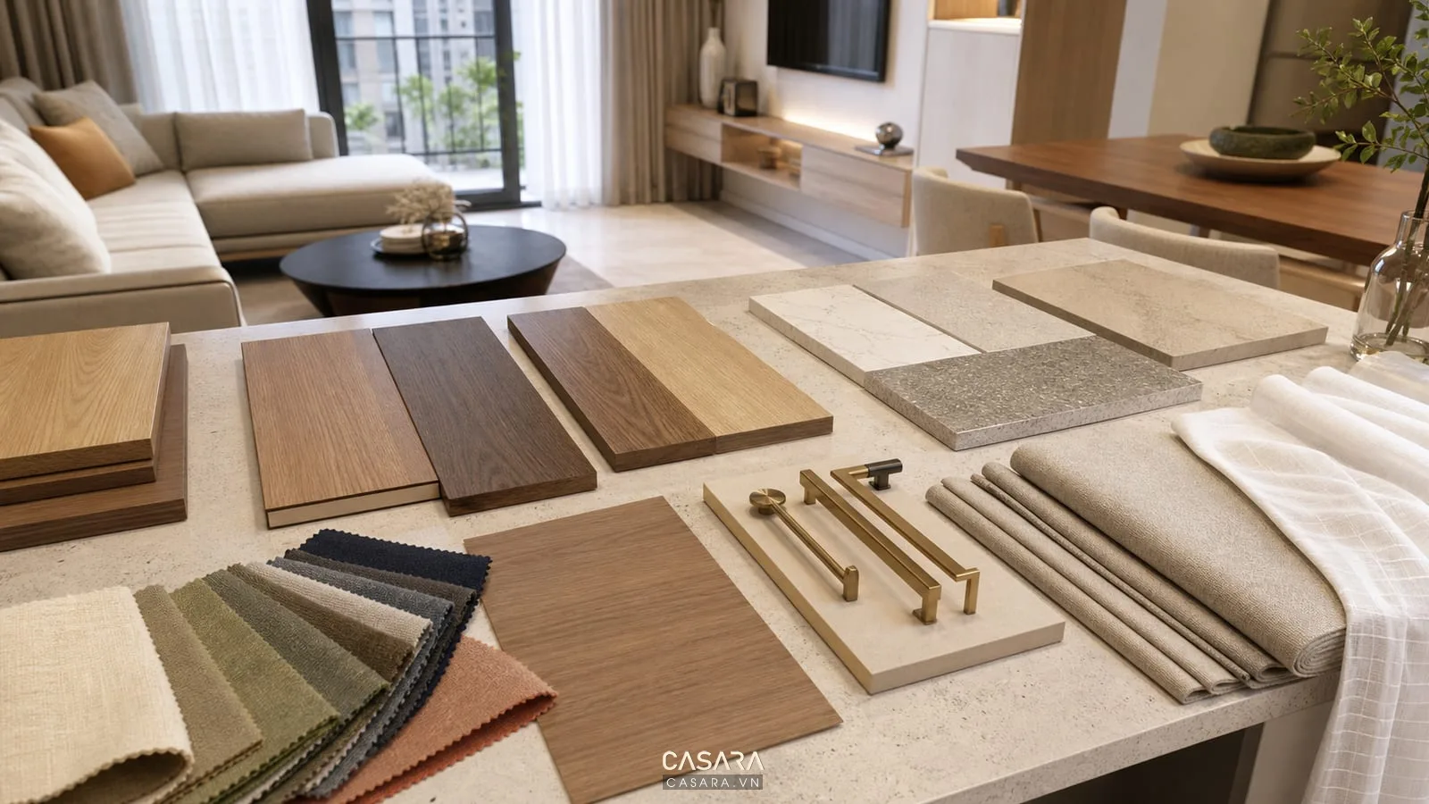 Mẫu vật liệu thi công nội thất chung cư Minh Gia với gỗ đá bếp vải sofa rèm tay nắm tủ và sàn gỗ