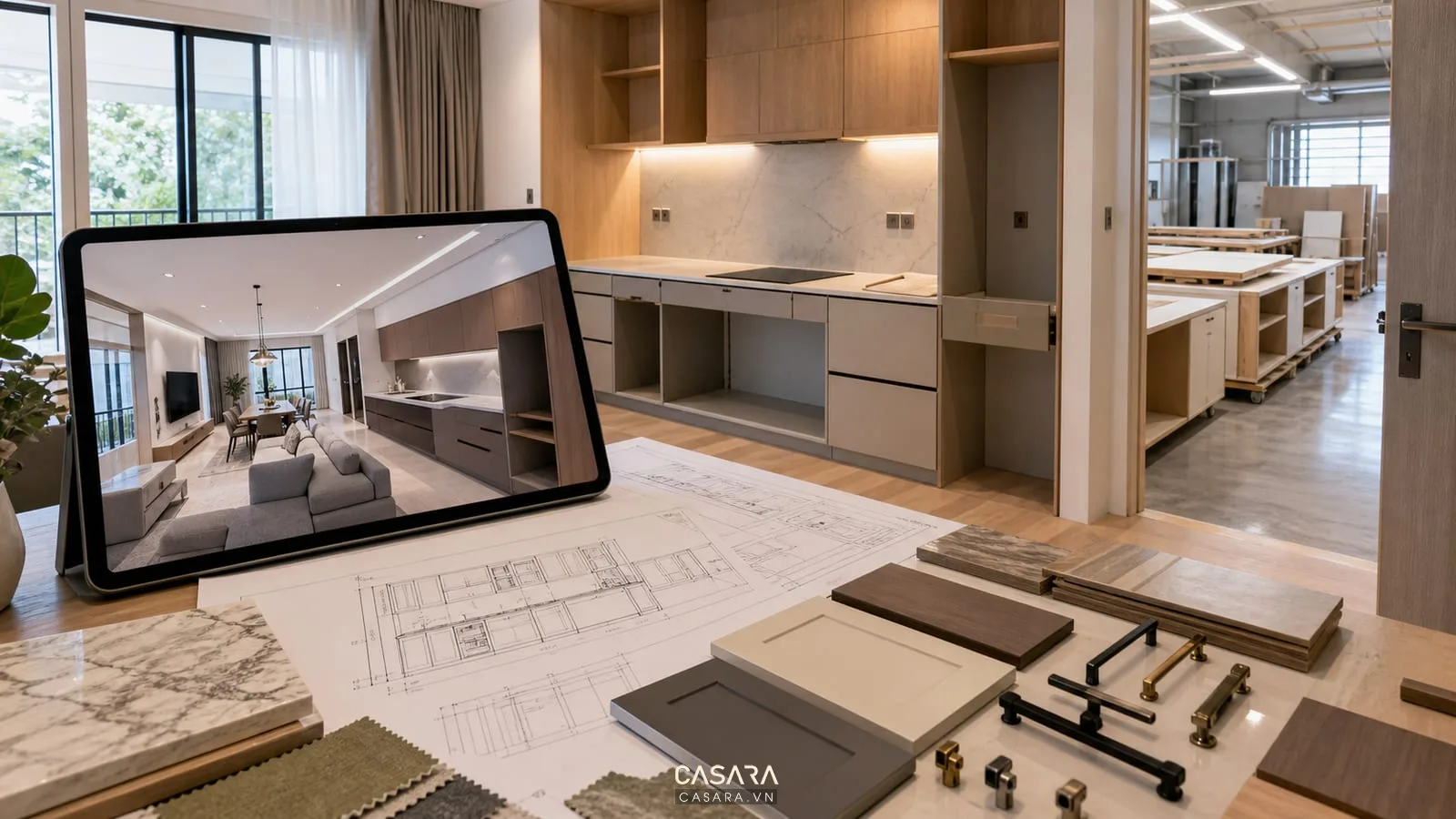 Quy trình đơn vị thi công nội thất chung cư với phối cảnh bản vẽ kỹ thuật mẫu vật liệu xưởng và lắp đặt tủ