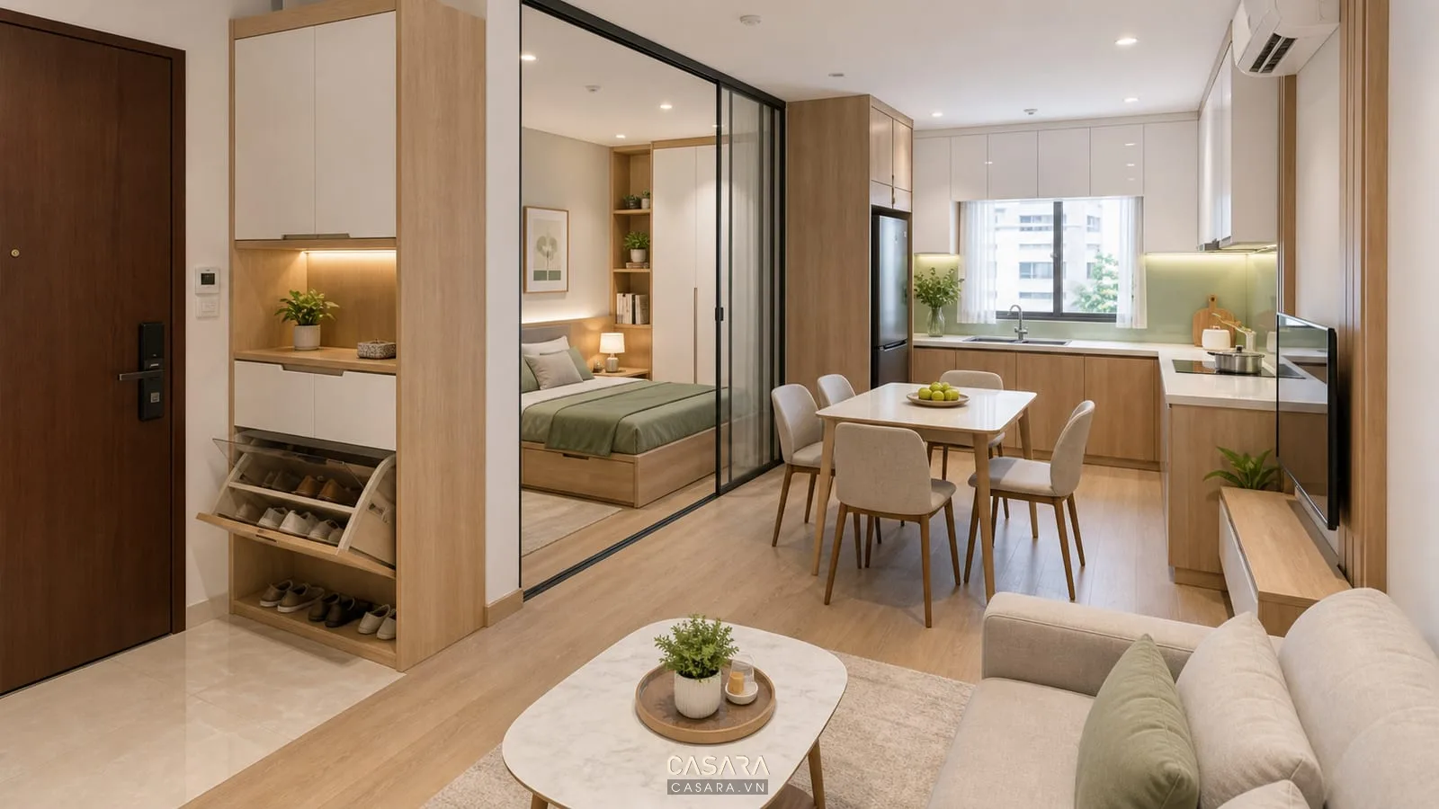 bố cục thi công nội thất chung cư mini với mặt bằng phòng khách bếp bàn ăn phòng ngủ và lối đi