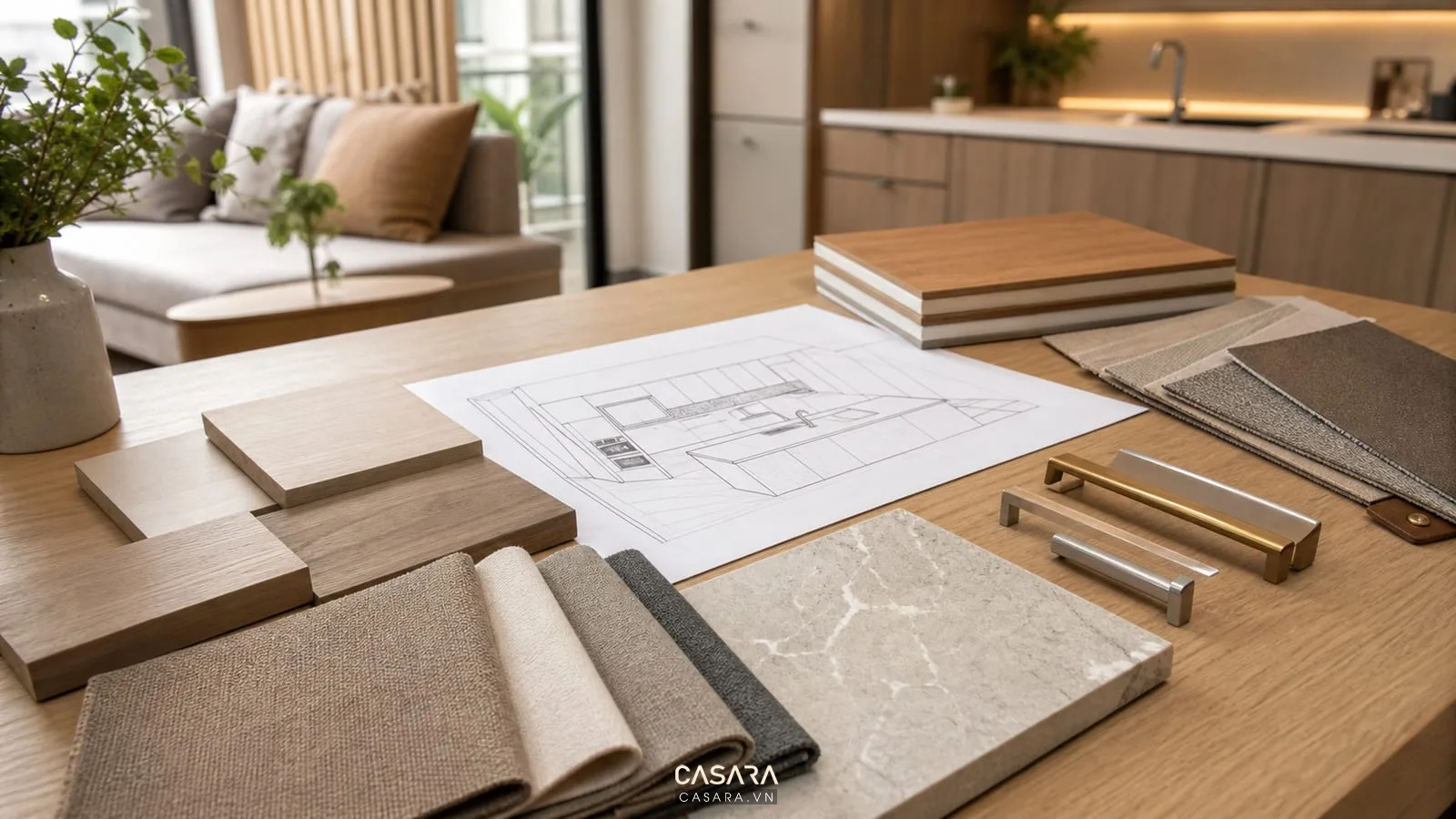 vật liệu thi công nội thất chung cư mini gồm mẫu gỗ đá bếp vải sofa tay nắm và bảng màu sáng ấm