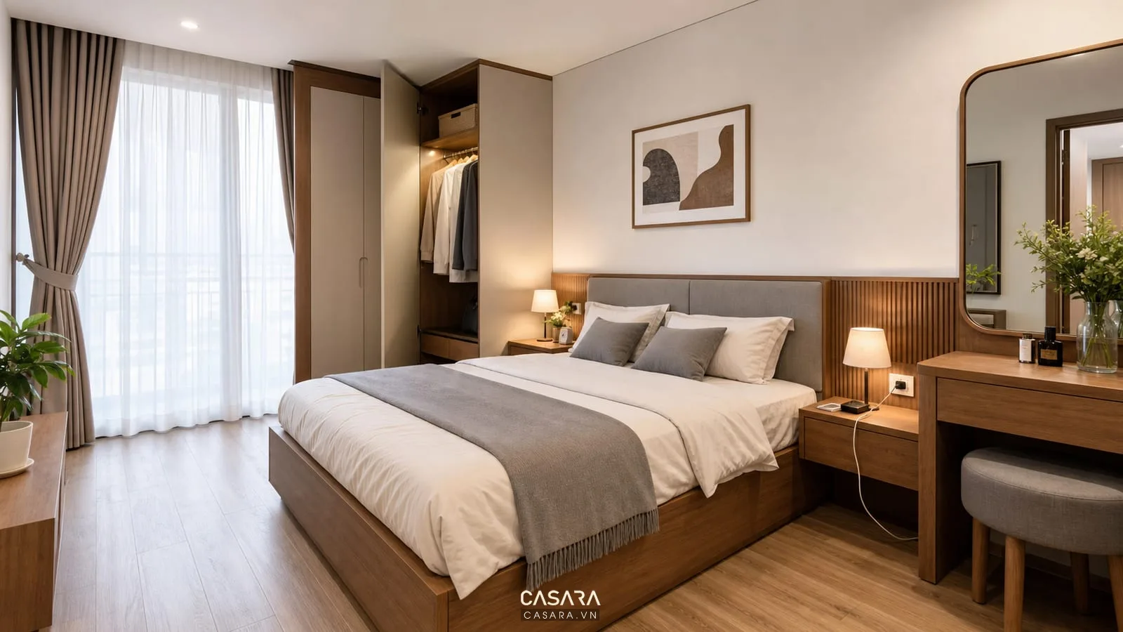 phòng ngủ chung cư mini thi công nội thất với giường đôi tủ áo bàn trang điểm đèn đầu giường và gỗ ấm