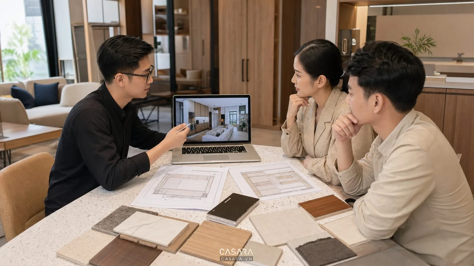 kiến trúc sư tư vấn thi công nội thất chung cư mini với phối cảnh căn hộ bản vẽ kỹ thuật và mẫu vật liệu