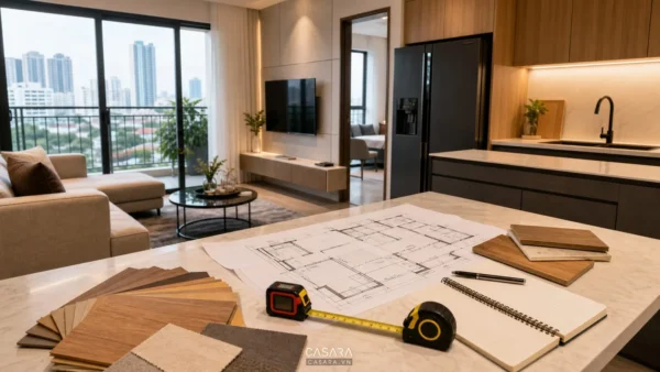 Bản vẽ mặt bằng và mẫu vật liệu đặt trên bàn trong căn hộ chung cư đang khảo sát