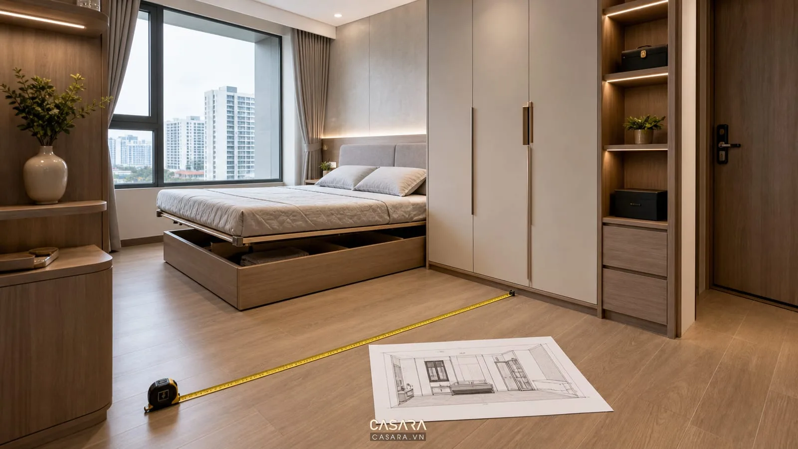 Đo đạc phòng ngủ chung cư với giường thông minh tủ áo và bản vẽ phối cảnh nội thất