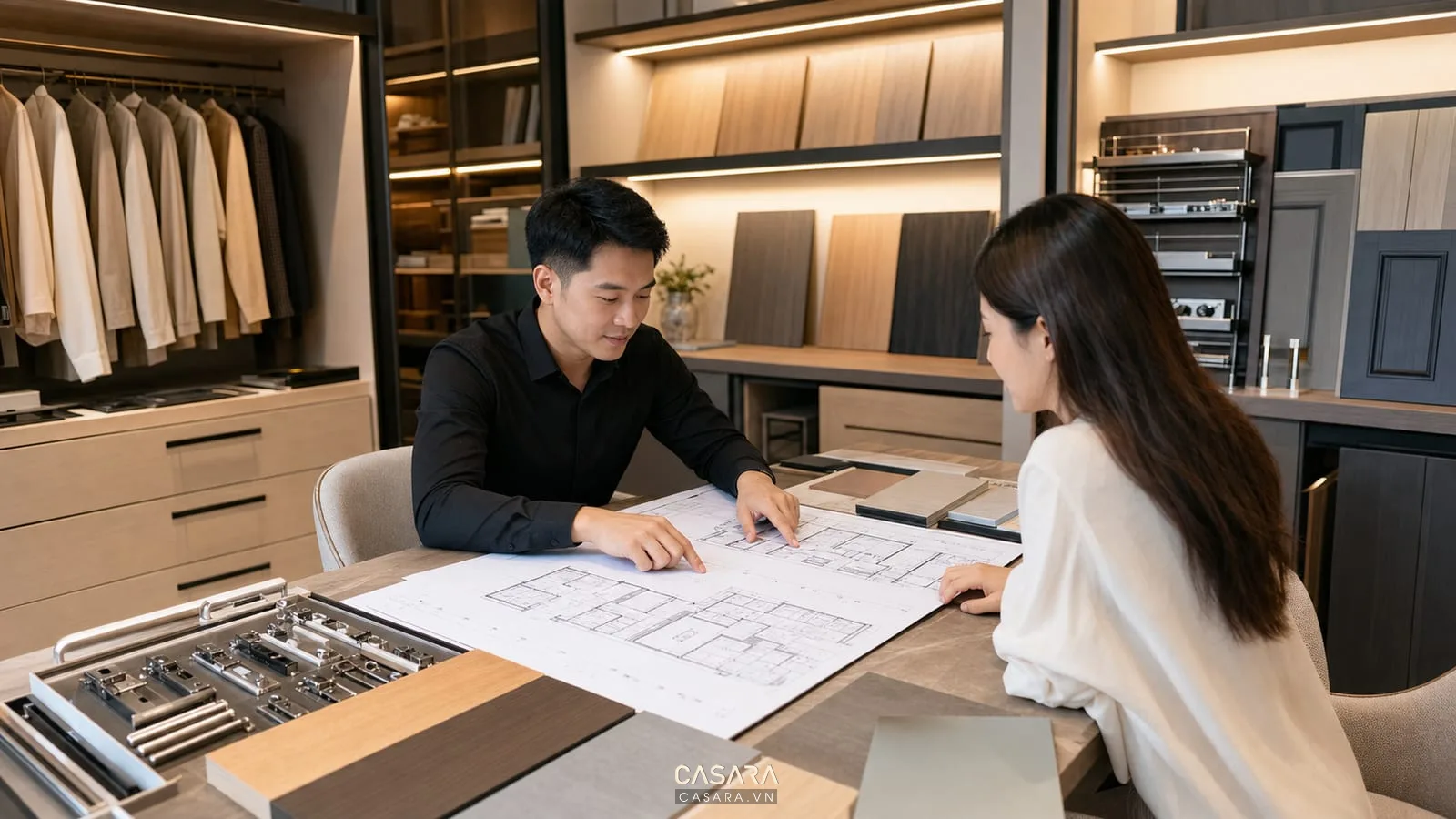 Tư vấn thi công nội thất chung cư tại showroom Casara với bản vẽ kỹ thuật mẫu gỗ và phụ kiện tủ